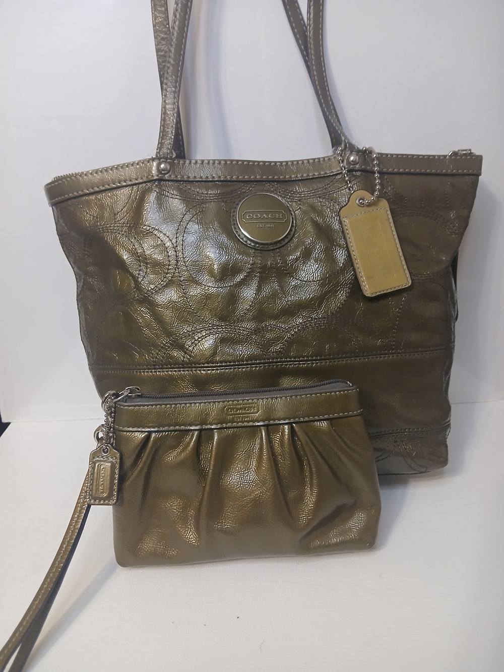 Coach Olive Green Patent Leather Tote and Wristlet Set